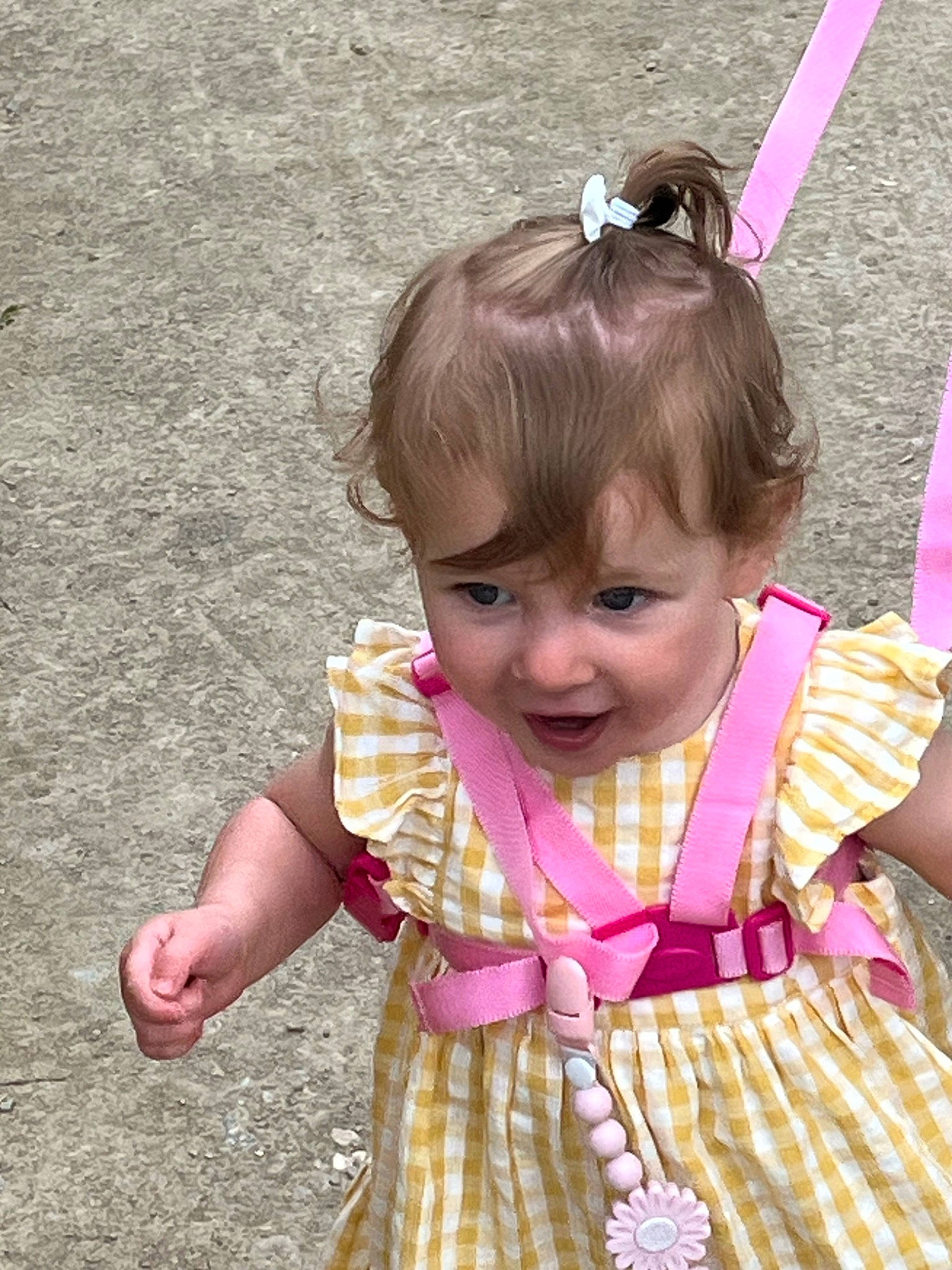 Gracie is registered to the contest to win money with this photo: baby, baby_toddler_clothing, cheek, child, clothing, dress, event, fashion_accessory, fun, grass, hand, happy, magenta, pattern, person, pink, play, skin, smile, toddler