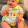 baby, child, smiling, headband, yellow_bow, winnie_the_pooh, tiger, piglet, pooh, honey_pot, blue_dress, yellow_outfit, sitting, barefoot, indoor, cute, happy, chubby_legs, portrait, cozy
