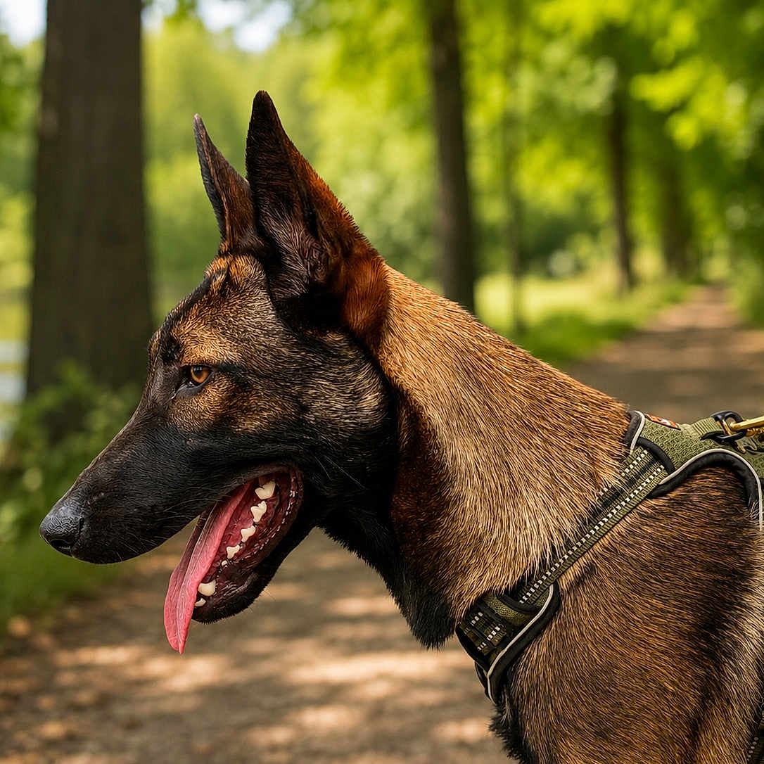 Aka a rejoint le concours — aidez-le/la à gagner de superbes lots ! dog, canine, pet, outdoor, forest, path, harness, leash, tongue, profile, nature, trees, greenery, sunlight, river, summer, animal, walking, happy, ears