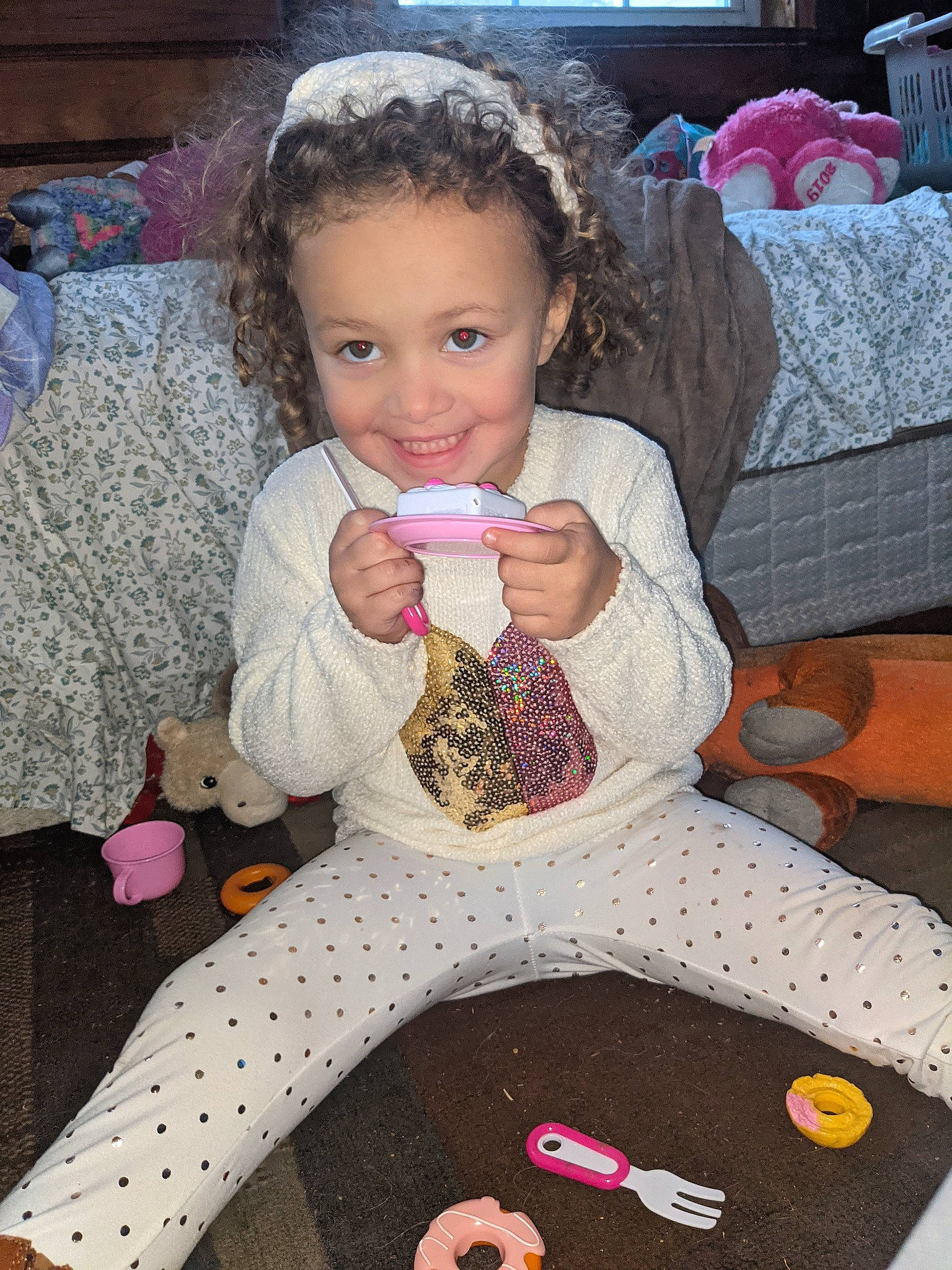 Paisley joined the competition — help win amazing prizes! baby_toddler_clothing, chair, cheek, child, comfort, dress, eye, face, furniture, hair, hairstyle, happy, head, joy, person, pink, skin, sleeve, smile, textile