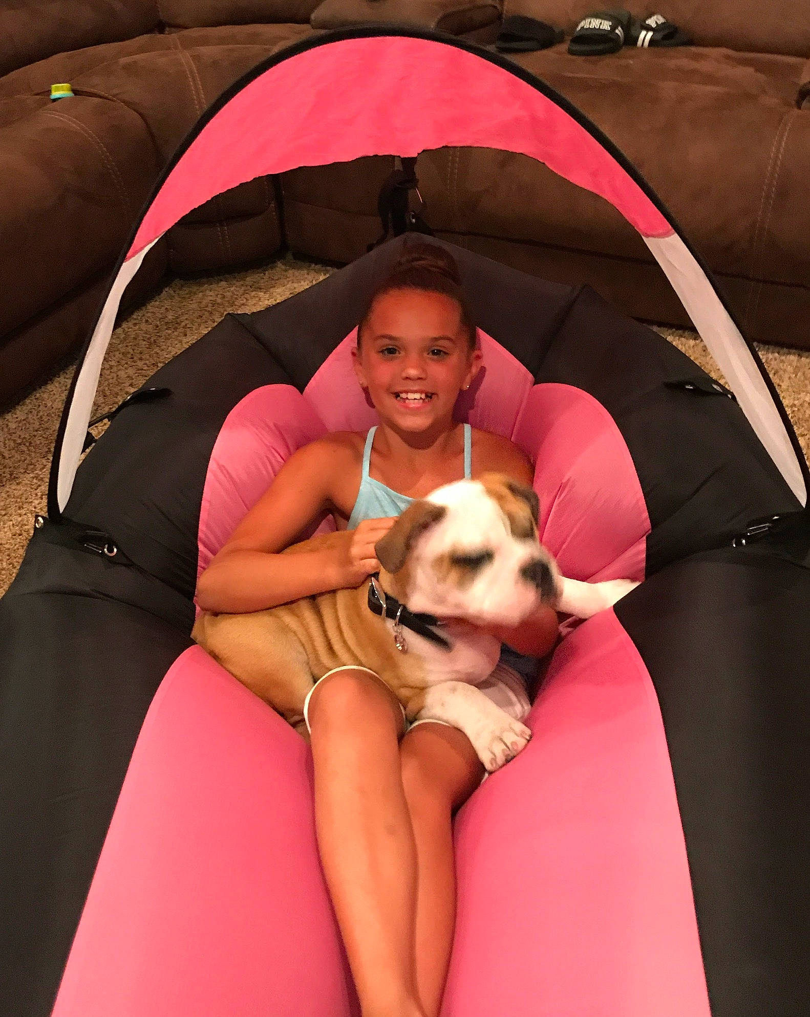 Raylee is registered to the contest to win money with this photo: canidae, carnivore, comfort, companion_dog, dog, dog_breed, fawn, joy, non_sporting_group, person, pink, puppy, puppy_love, sporting_group