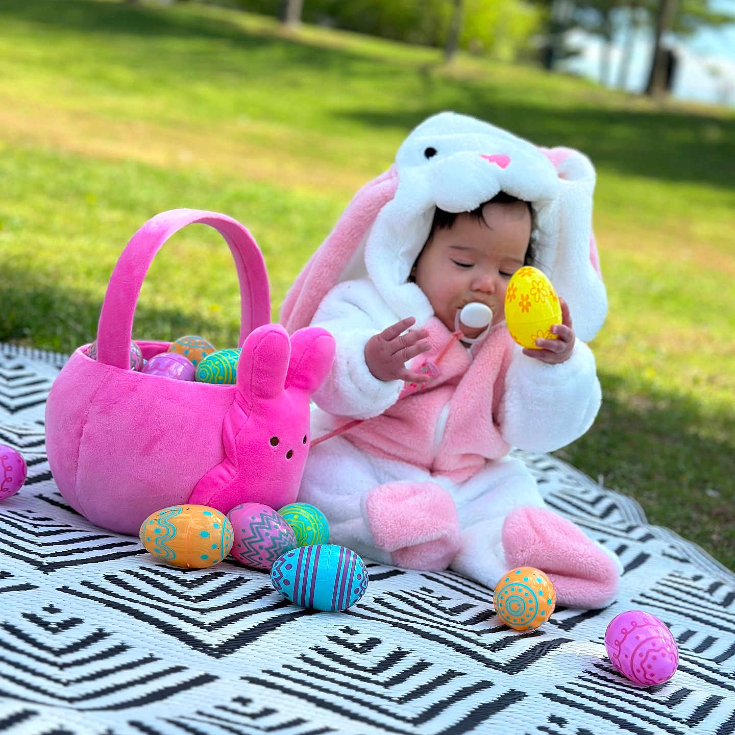 Ciarabella joined the competition — help win amazing prizes! accessories, baby, bag, blanket, clothing, face, grass, handbag, hat, head, nature, outdoors, park, person, photography, plant, plush, portrait, purple, toy