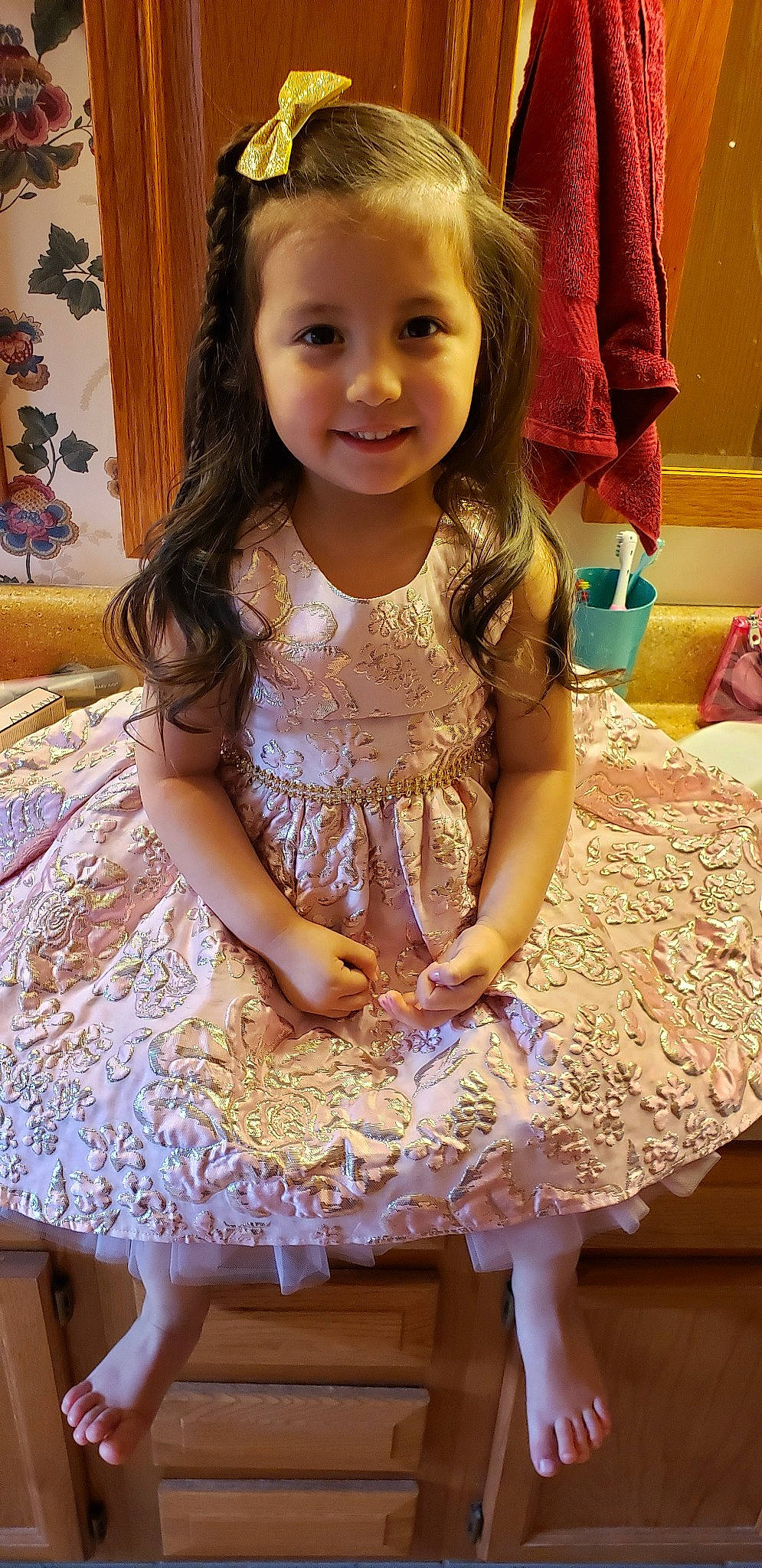 Mia is registered to the contest to win money with this photo: child, child_model, clothing, dress, embellishment, joy, lace, pattern, person, sitting, smile, textile, toddler