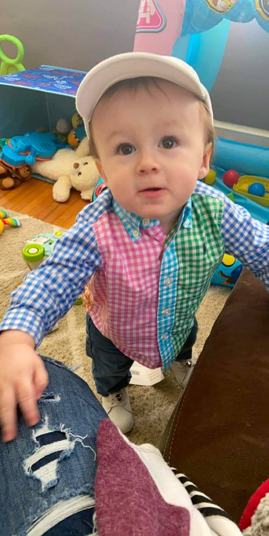 Gannon is registered to the contest to win money with this photo: baby, cheek, child, headgear, person, play, skin, smile, toddler