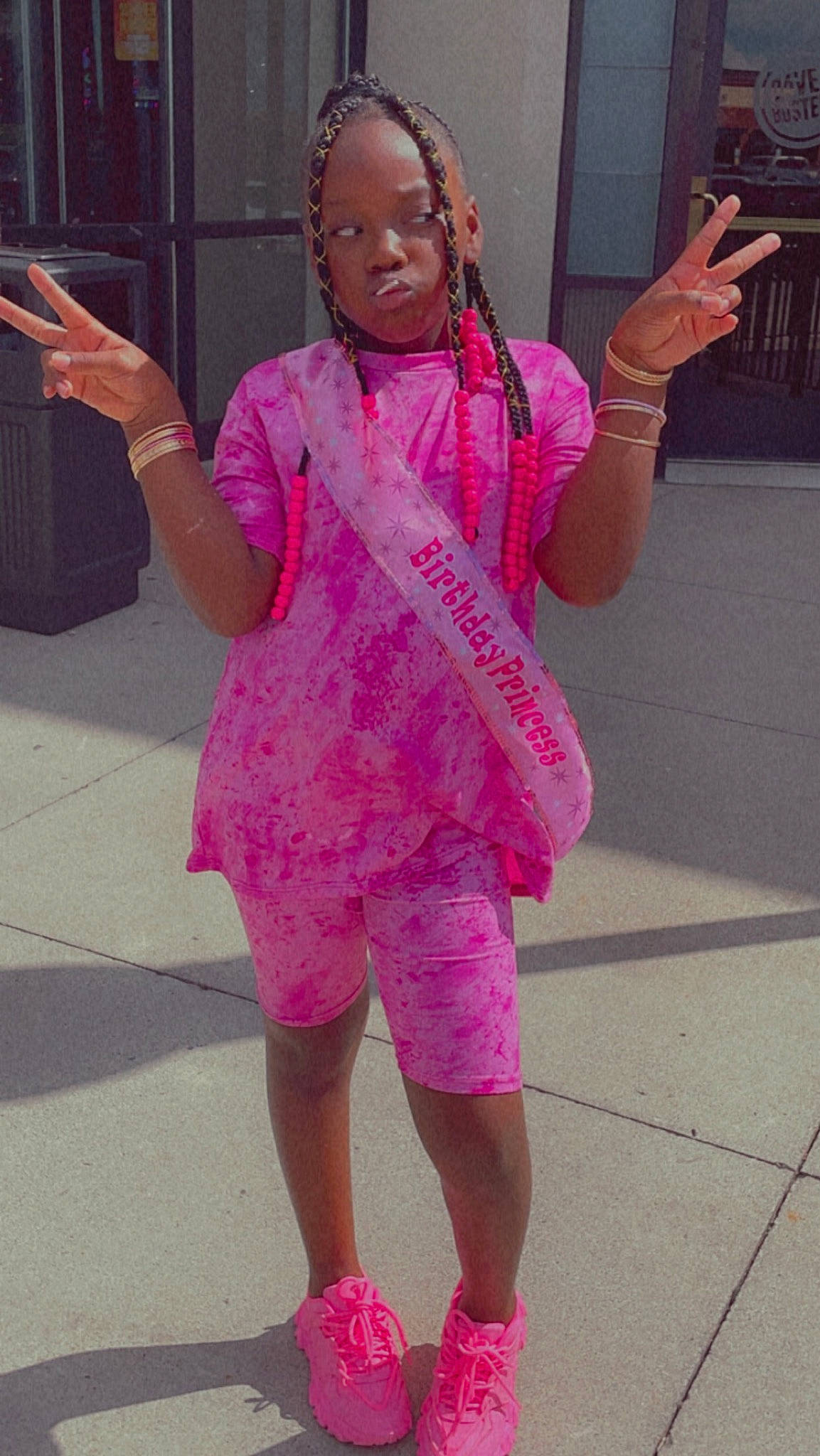 Desire White joined the competition — help win amazing prizes! baby_toddler_clothing, child, fashion, fashion_accessory, fun, hairstyle, hand, happy, human_leg, jewellery, joint, knee, magenta, pattern, person, pink, purple, sleeve, standing, toddler