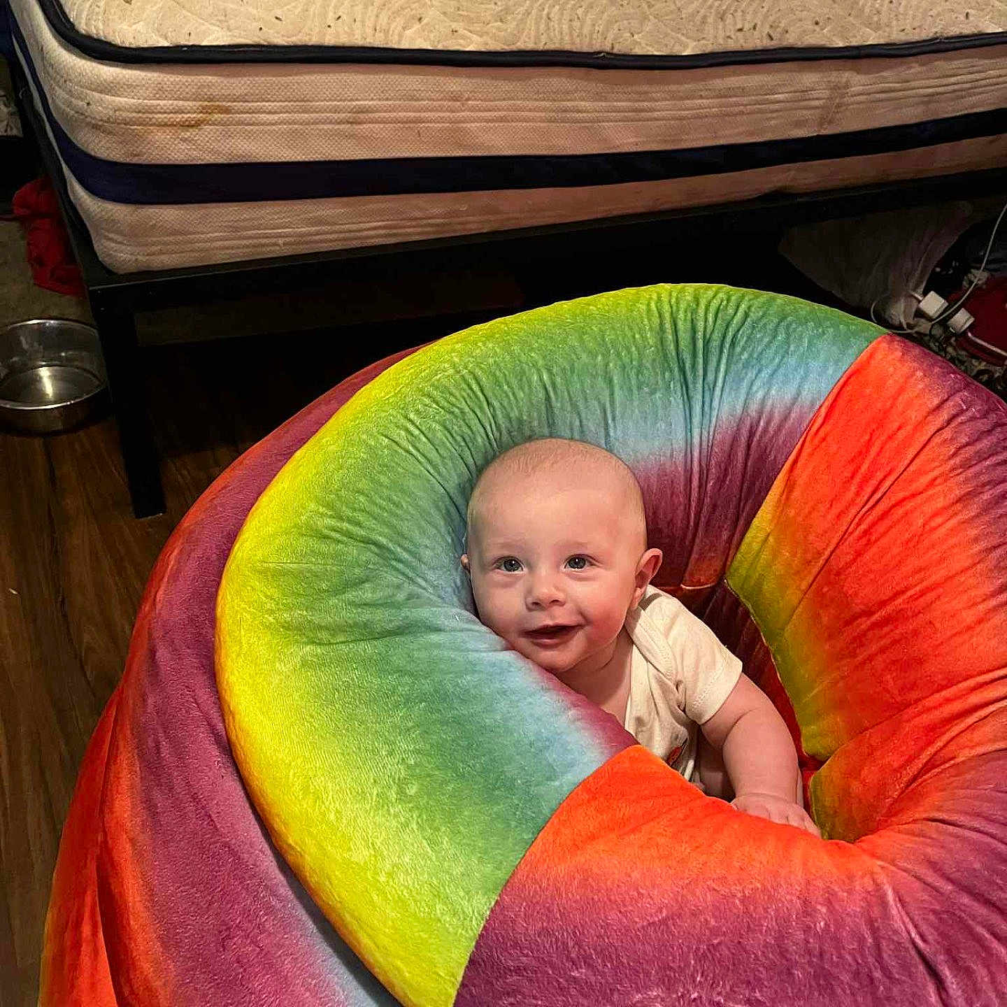 Malachi Swartz joined the competition — help win amazing prizes! baby, beanbag, child, colorful, cozy, cute, floor, furniture, happy, home, indoor, infant, mattress, person, plush, rainbow, relaxation, seat, smiling, wooden_floor