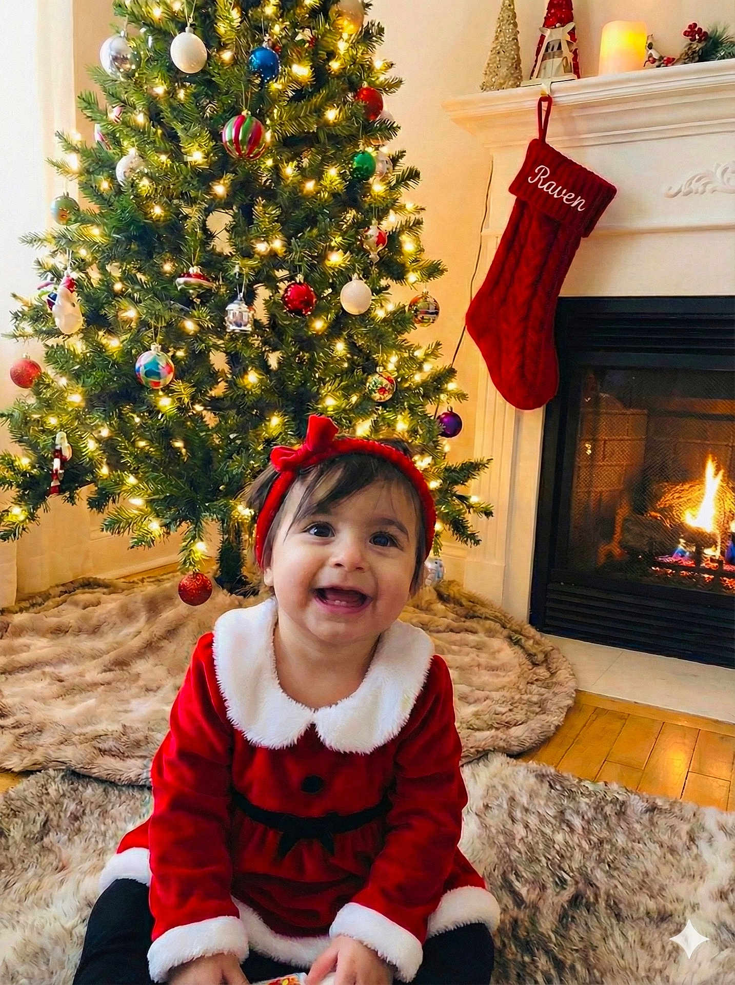 Raven is registered to the contest to win money with this photo: child, toddler, christmas_tree, fireplace, holiday, festive_clothing, red_dress, headband, smiling, indoors, decorations, stocking, carpet, warmth, lights, happy, celebration, seasonal, home, cozy