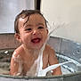 baby, child, bath, metal_tub, water, soap, bubbles, splash, happy, smile, wet_hair, indoor, playful, fun, face, skin, cute, joy, toddler, clean