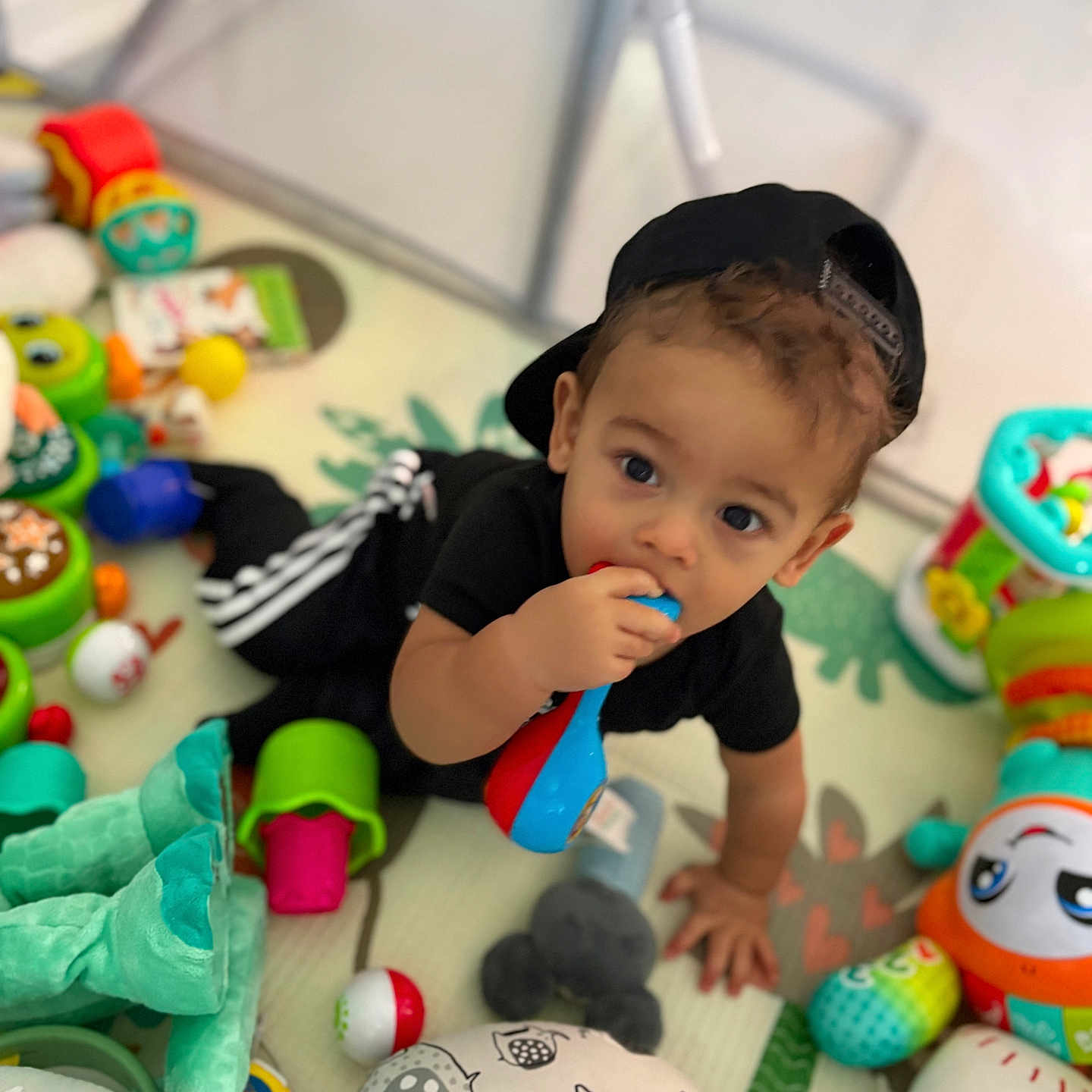 Liam joined the competition — help win amazing prizes! baby, bodypart, brush, clothing, cream, dessert, device, face, finger, food, hand, hat, head, person, photography, portrait, sitting, tool, toothbrush, toy