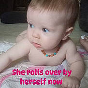 Kennzie joined the competition — help win amazing prizes! baby, infant, child, blue_eyes, bead_necklace, blanket, indoor, floor, person, skin, head, curious, milestone, text_overlay, pink_text, young_child, crawling, home, soft_toys, development