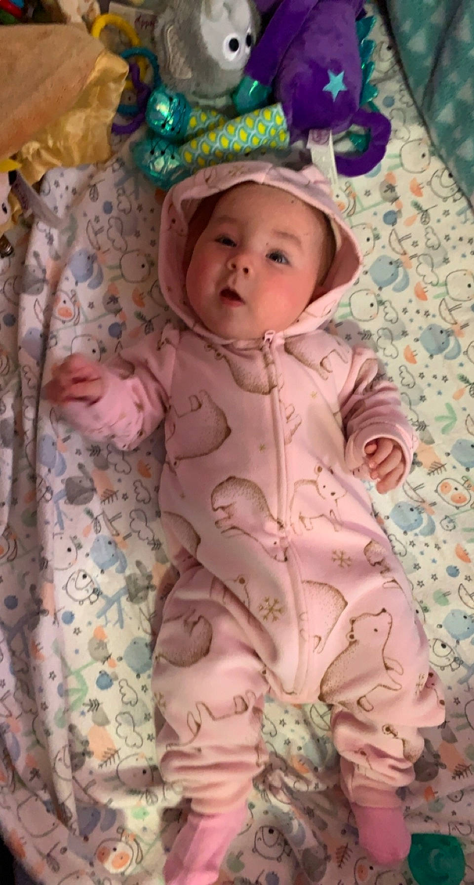 Mercedes joined the competition — help win amazing prizes! baby, baby_products, baby_toddler_clothing, bonnet, child, costume_accessory, hair_accessory, headband, headpiece, headwear, human, linens, nightwear, pattern, peach, person, pink, sleeve, textile, toddler