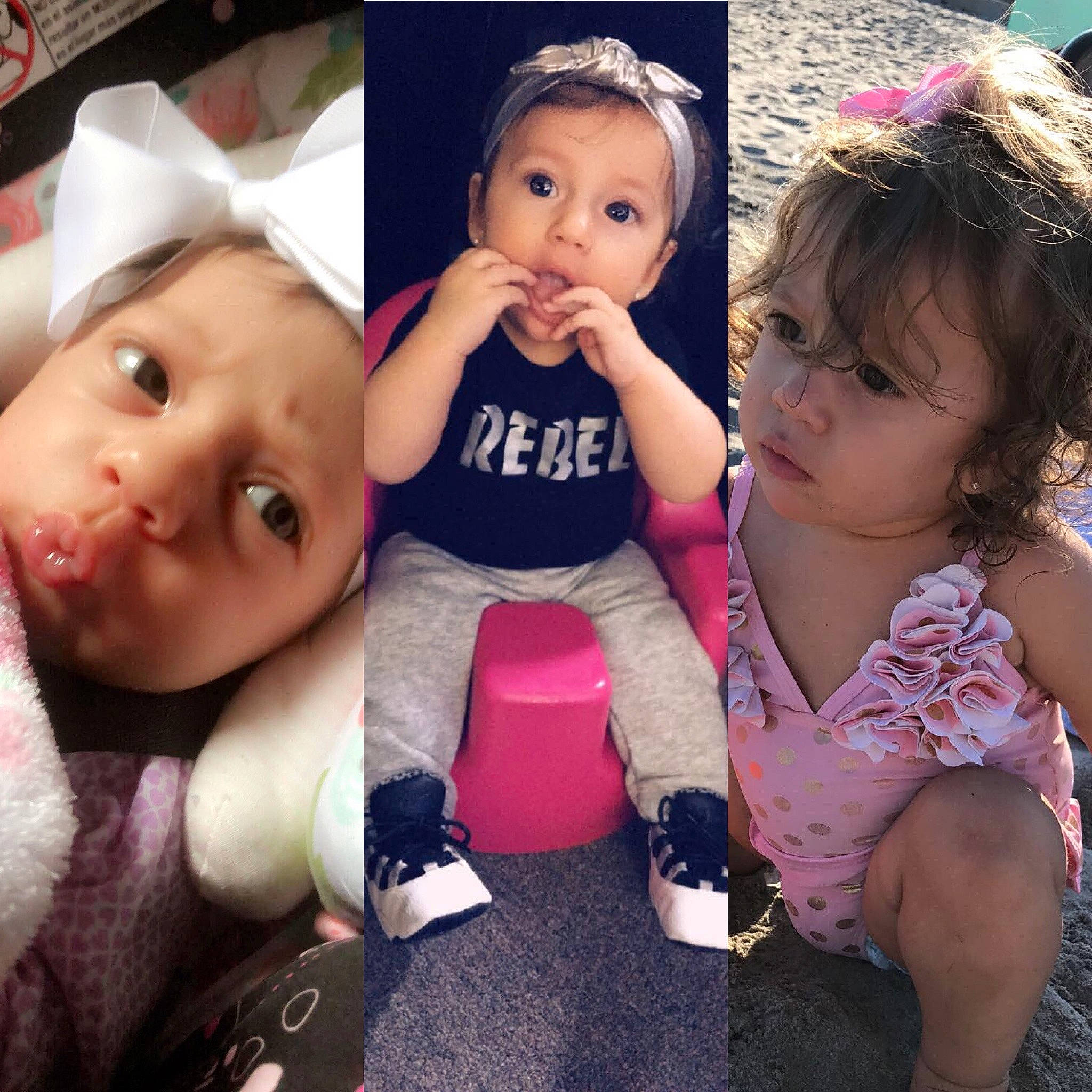 Giselle is registered to the contest to win money with this photo: baby, baby_toddler_clothing, cheek, child, cool, ear, eye, face, hair_accessory, head, headband, headgear, lip, mouth, nose, person, pink, product, sibling, skin