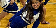 Lyric joined the competition — help win amazing prizes! child, cheerleader, uniform, blue, white, smile, gym_floor, posing, team, sport, young_girl, long_hair, indoor, athlete, dance, performance, activity, happy, people, wood_floor