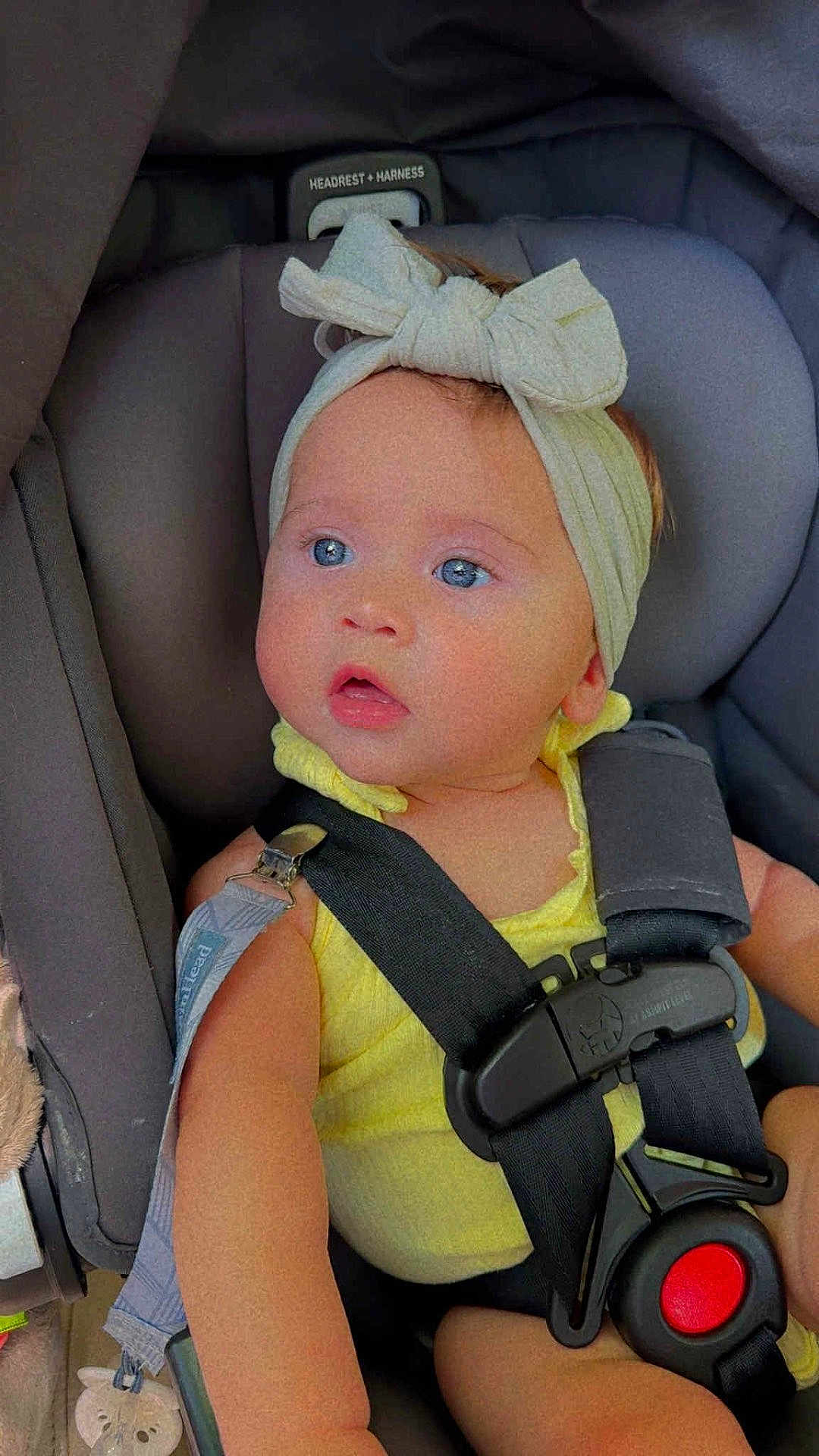 Londyn Serena joined the competition — help win amazing prizes! adorable, baby, baby_girl, blue_eyes, car_seat, child, child_seat, curious, cute, headband, headrest, indoors, infant, portrait, safety_harness, seat, seatbelt, small_child, straps, yellow_clothing