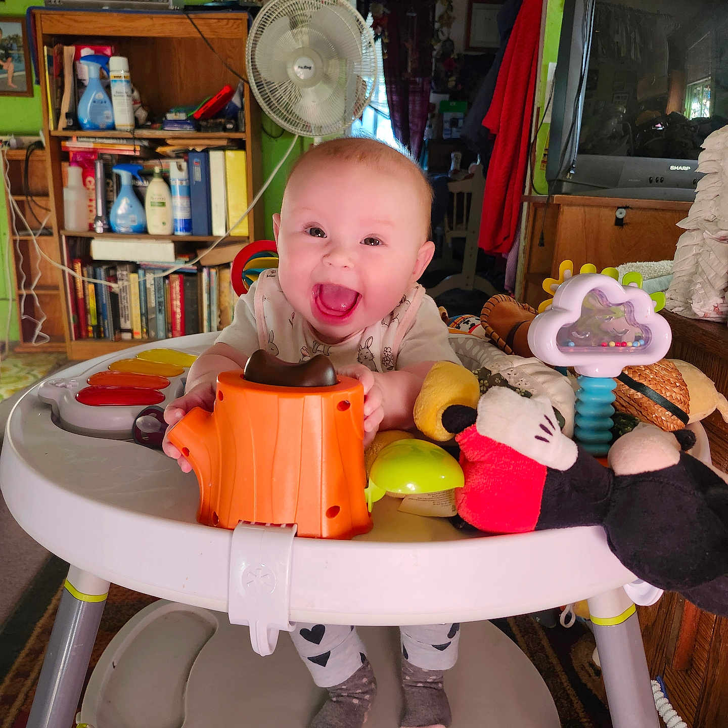 Katrena is registered to the contest to win money with this photo: baby, walker, toy, smile, happy, indoor, child, furniture, fan, bookshelf, television, clothing, sock, floor, carpet, household, room, person, playtime, colorful
