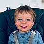 Noam participe au concours pour gagner de l'argent avec cette photo : baby, blue_eyes, blue_shirt, child, closeup, cute, expression, face, hair, happy, high_chair, indoor, infant, person, seated, skin, smile, straps, toddler, young_child