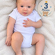 Thiago is registered to the contest to win money with this photo: baby, infant, child, portrait, lying_down, blanket, cream_blanket, white_onesie, short_sleeves, face, eyes, looking_at_camera, hands, feet, indoor, milestone_card, three_months, teddy_bear, crown, adorable