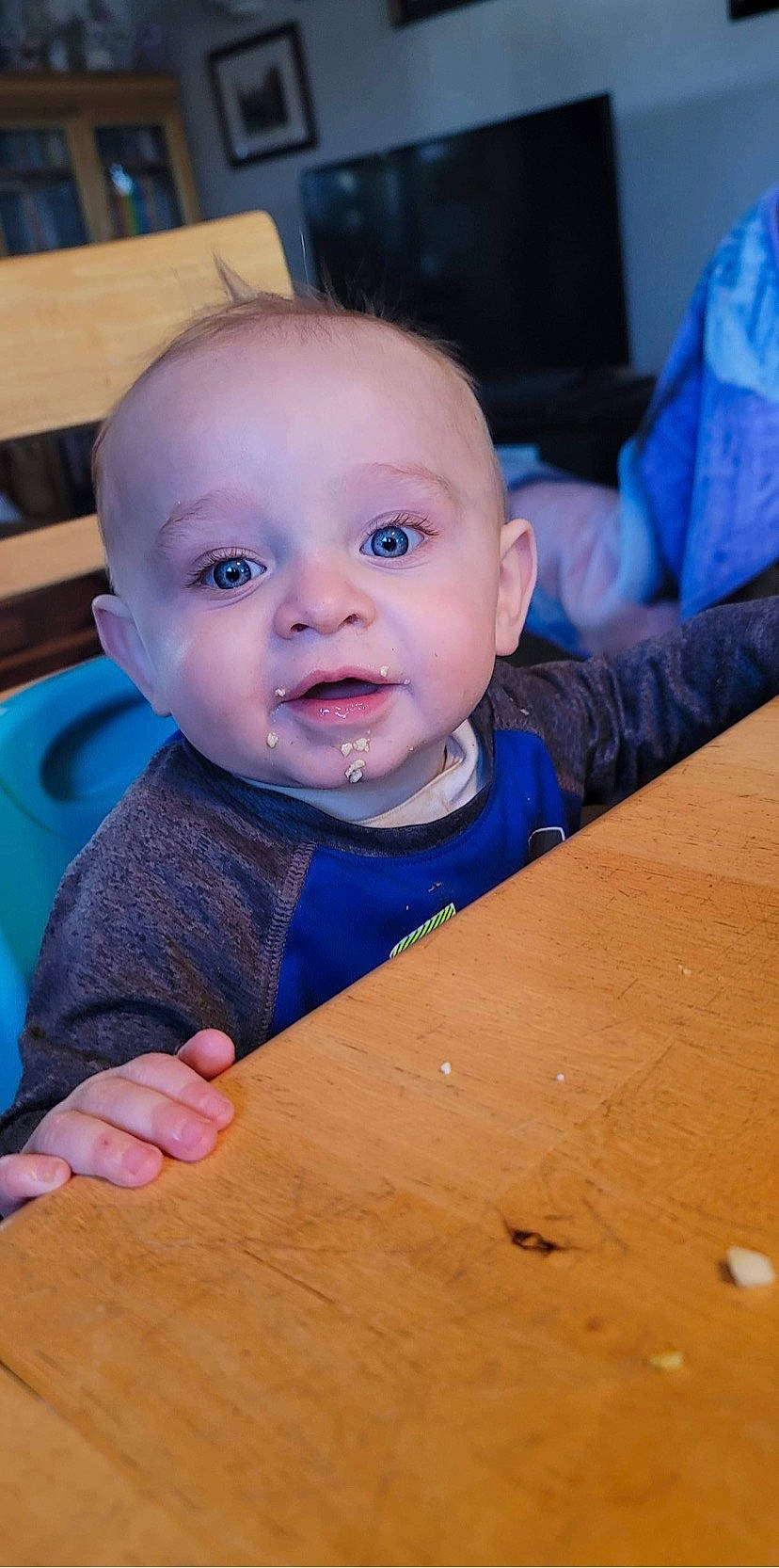 Hudsyn joined the competition — help win amazing prizes! baby, baby_toddler_clothing, cheek, chin, eye, facial_expression, finger, floor, flooring, fun, happy, iris, mouth, nose, person, skin, smile, standing, table, toddler