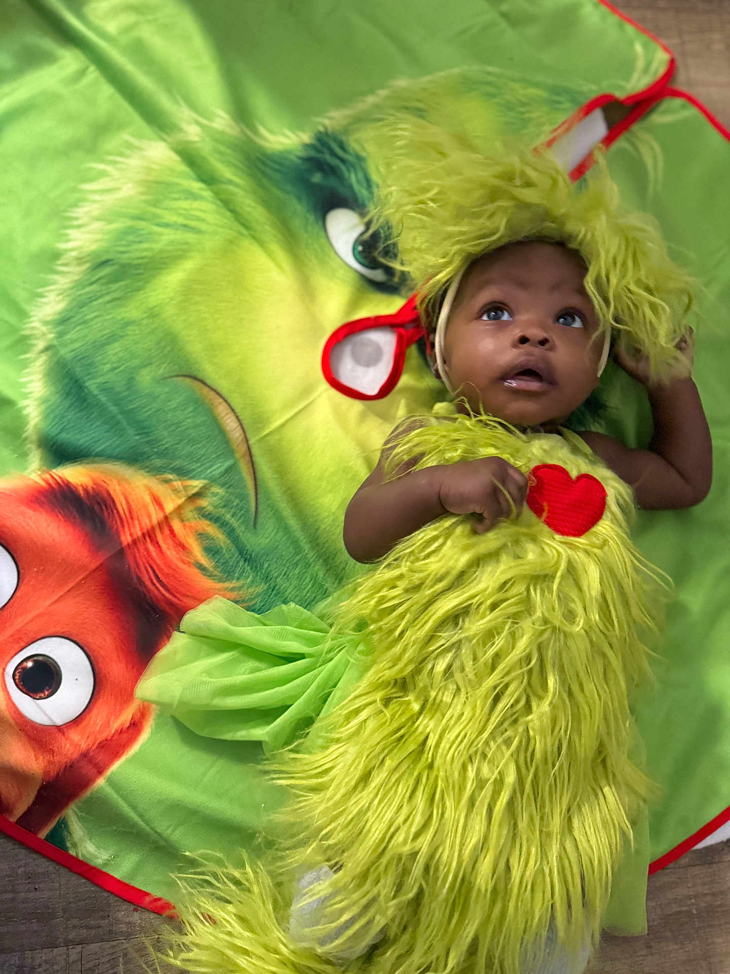Rain joined the competition — help win amazing prizes! baby, child, costume, green, grinch, blanket, fur, cute, lying_down, floor, headband, expression, portrait, indoor, holiday, character, red_heart, curious, wide_eyes, soft_texture