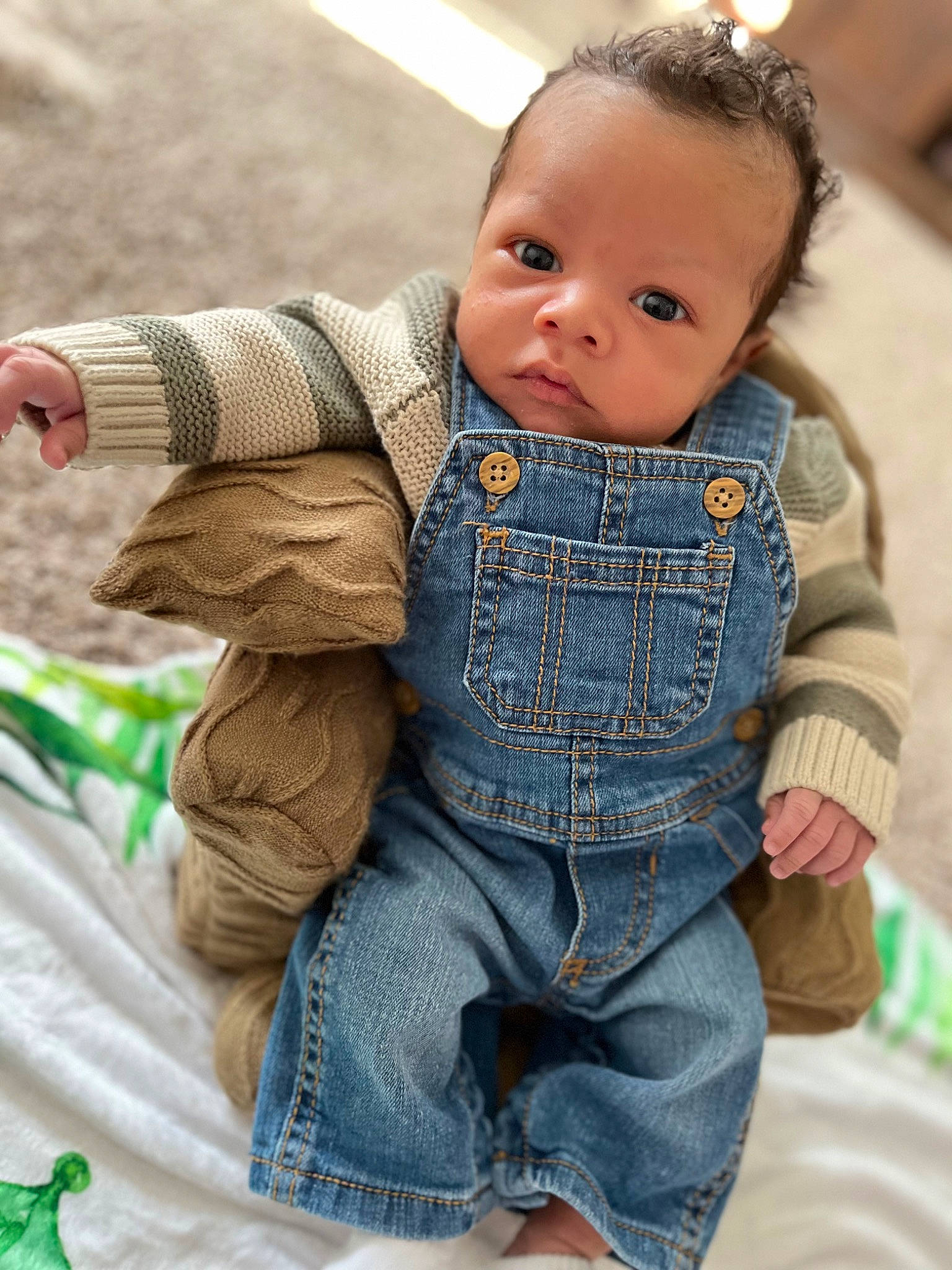 Jaxton is registered to the contest to win money with this photo: baby, baby_toddler_clothing, cheek, collar, eye, face, fur, grass, happy, head, human_body, iris, pattern, person, sitting, skin, sleeve, textile, toddler, wood