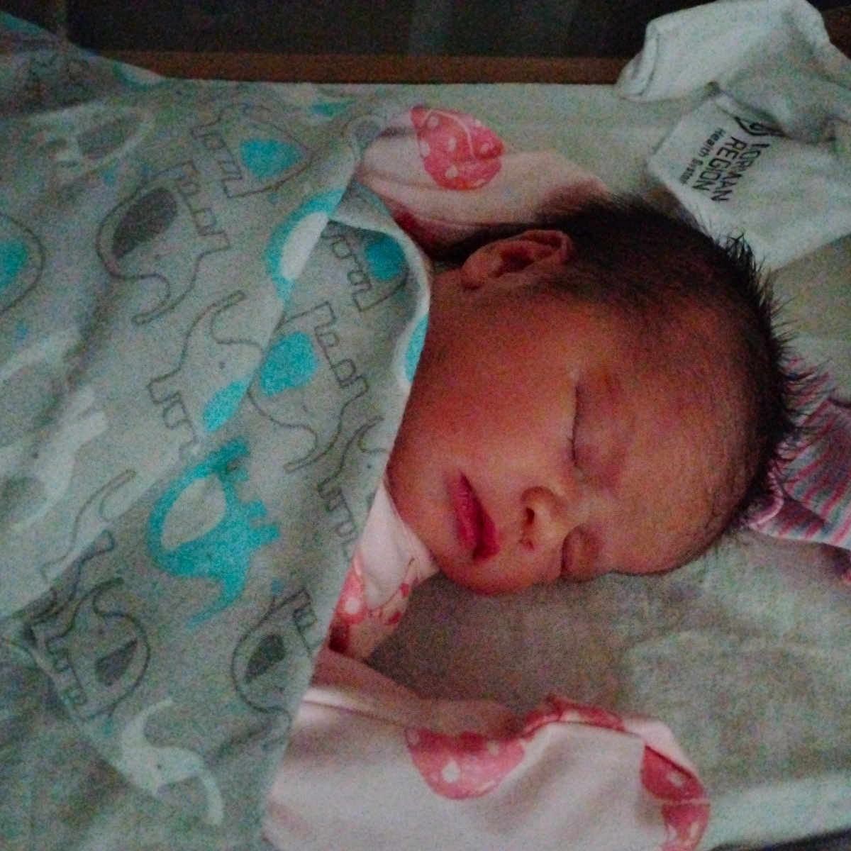 Raven Wright joined the competition — help win amazing prizes! newborn, baby, sleeping, blanket, elephant_print, bed, soft, cozy, infant, face, peaceful, child, clothing, head, pink, striped_cloth, rest, indoors, portrait, young