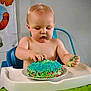 baby, birthday, blue_frosting, cake, child, cute, exploration, expression, face, food, green_tablecloth, hands, high_chair, indoor, messy, person, plate, sprinkles, table, toddler
