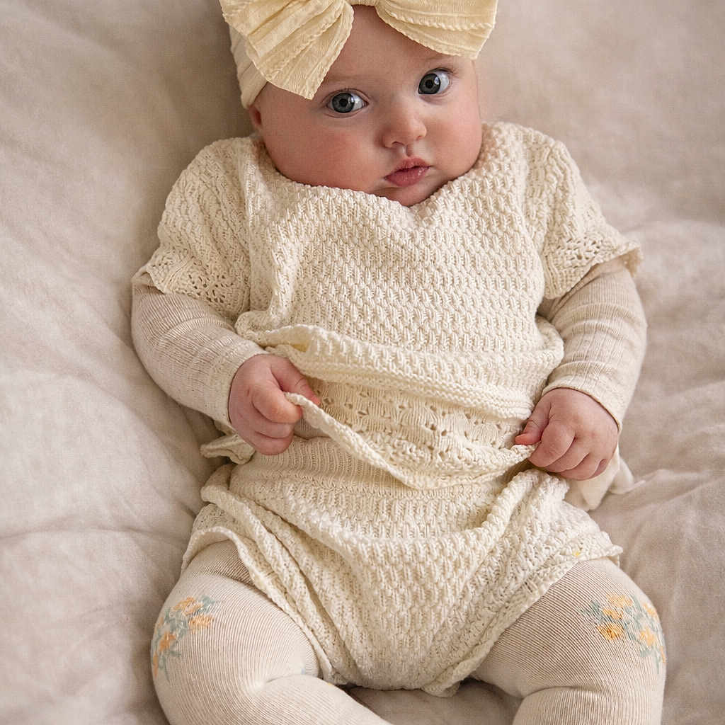 Elara-Alma is registered to the contest to win money with this photo: baby, baby_tights, blanket, bow, child, clothing, cozy, curious, cute, expression, face, hands, headband, indoor, infant, knitwear, pattern, portrait, sitting, soft
