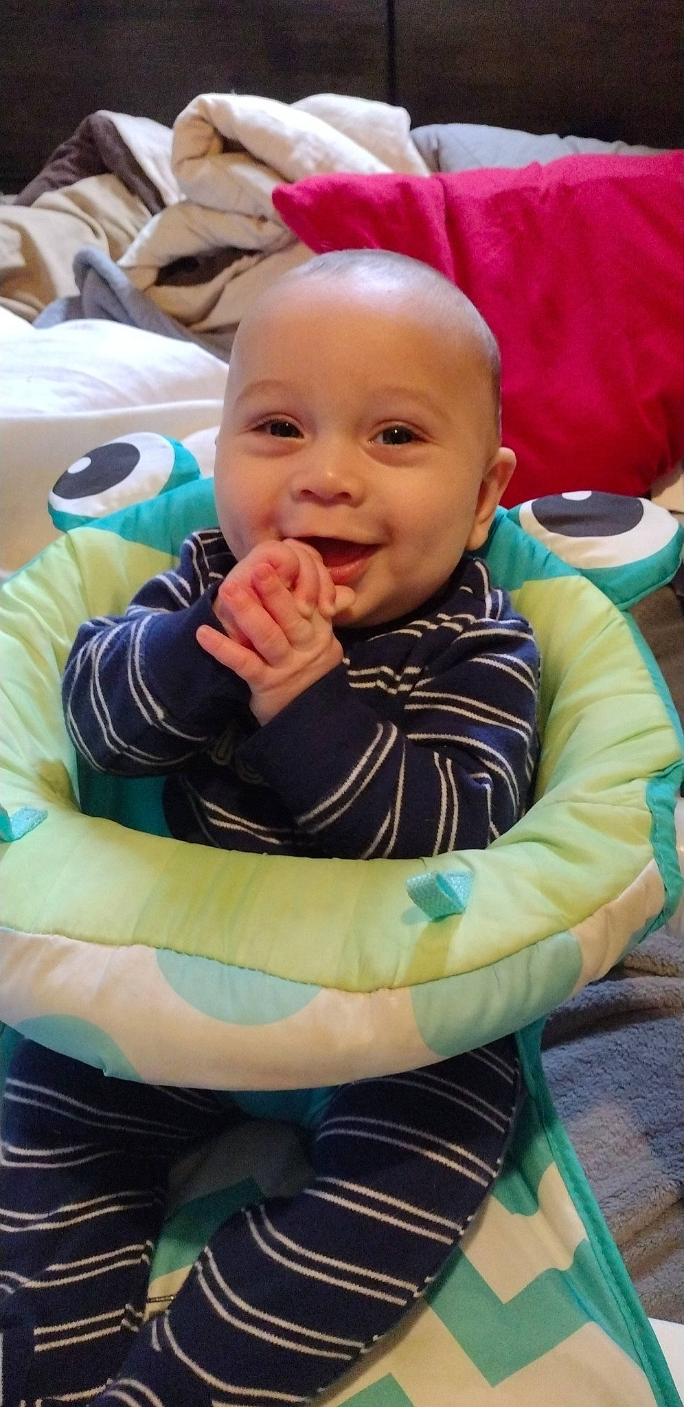 Eliyas is registered to the contest to win money with this photo: baby, baby_products, baby_toddler_clothing, chair, cheek, child, comfort, eye, fun, happy, head, iris, lap, leisure, mouth, person, sitting, smile, tableware, thumb