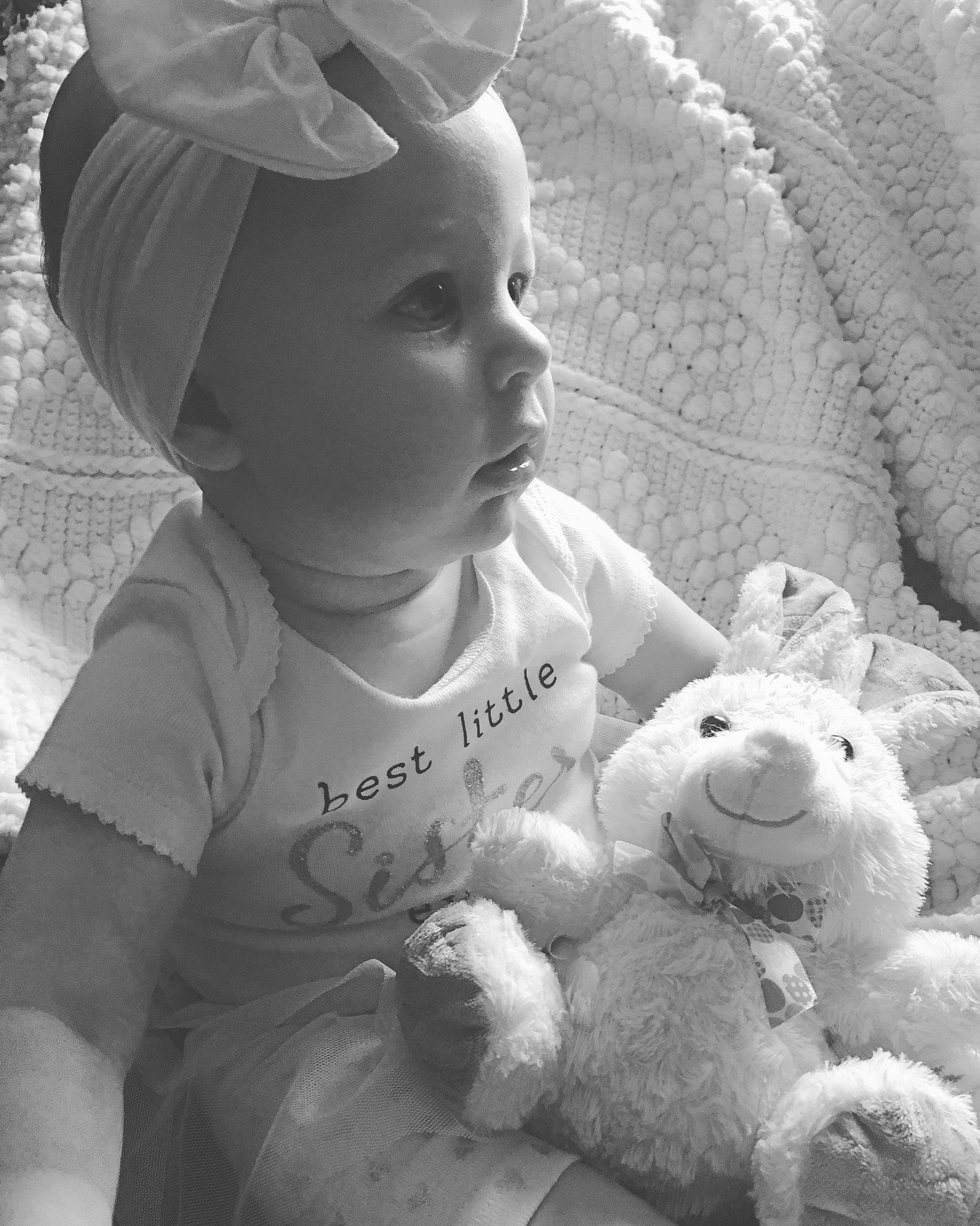 Maelynn joined the competition — help win amazing prizes! baby, black_and_white, child, ear, eye, happy, monochrome, monochrome_photography, people, person, photograph, photography, skin, smile, stuffed_toy, style, teddy_bear, toddler, toy, white