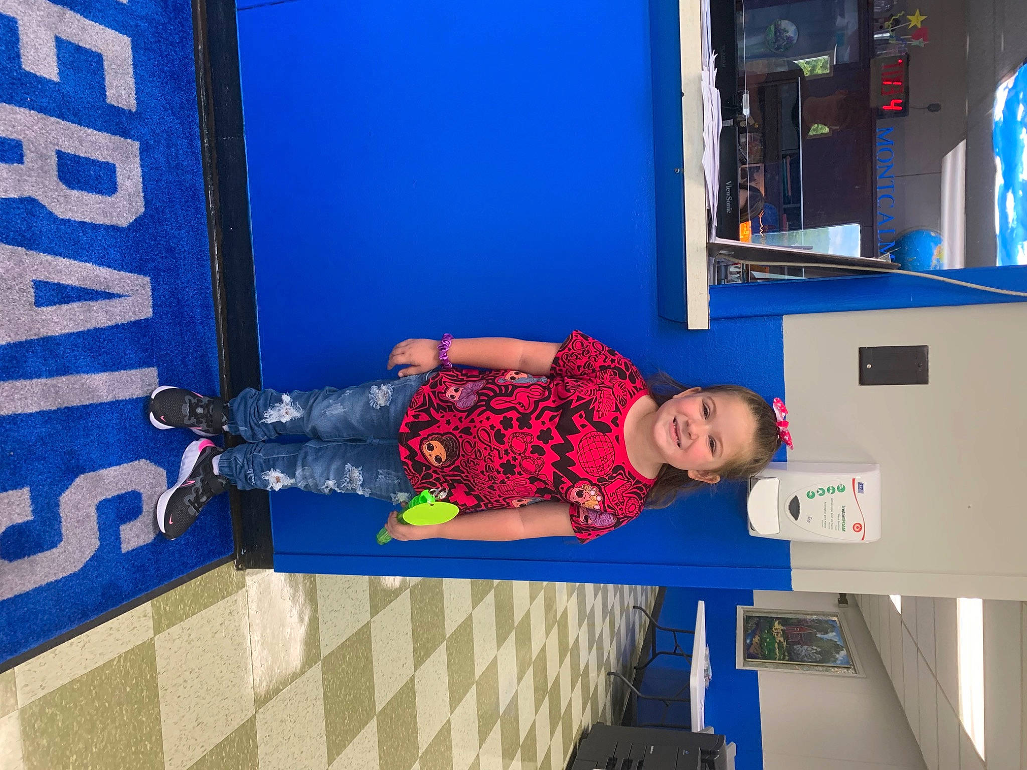 Haley joined the competition — help win amazing prizes! azure, child, elbow, electric_blue, flooring, fun, human_leg, joy, knee, leisure, machine, magenta, pattern, person, room, sitting, smile, thigh