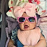 baby, bib, blanket, blue_dress, child, cozy, cute, face, fashion, hands, infant, open_mouth, outdoor, patterned_clothing, photography, pink_bow, portrait, sitting, stroller, sunglasses