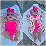 Elaine is registered to the contest to win money with this photo: baby, infant, child, portrait, sunglasses, pink_bow, headband, swimsuit, blanket, deck_chair, outdoor, sunlight, fashion, posing, lying_down, floral_pattern, neon_pink, baby_fashion, summer, cute