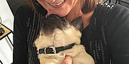 Astro participe au concours pour gagner de l'argent avec cette photo : woman, dog, pug, pet, smiling, indoor, holding, affection, playful, happy, face, fur, collar, hand, watch, clothing, sequin, chair, table, home