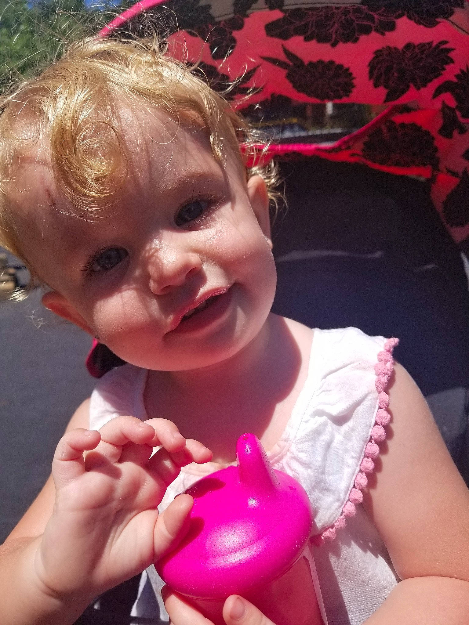 Bailey joined the competition — help win amazing prizes! baby, child, finger, fun, hand, lip, mouth, person, pink, play, smile, thumb, toddler