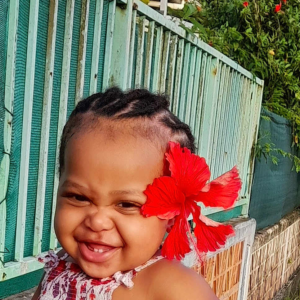 Yuhanna participe au concours pour gagner de l'argent avec cette photo : braids, cheeks, child, closeup, cute, garden, happy, hibiscus_flower, laughing, outdoor, patterned_clothing, portrait, railing, red_flower, sleeveless_dress, smile, sunlight, teeth, toddler, wall