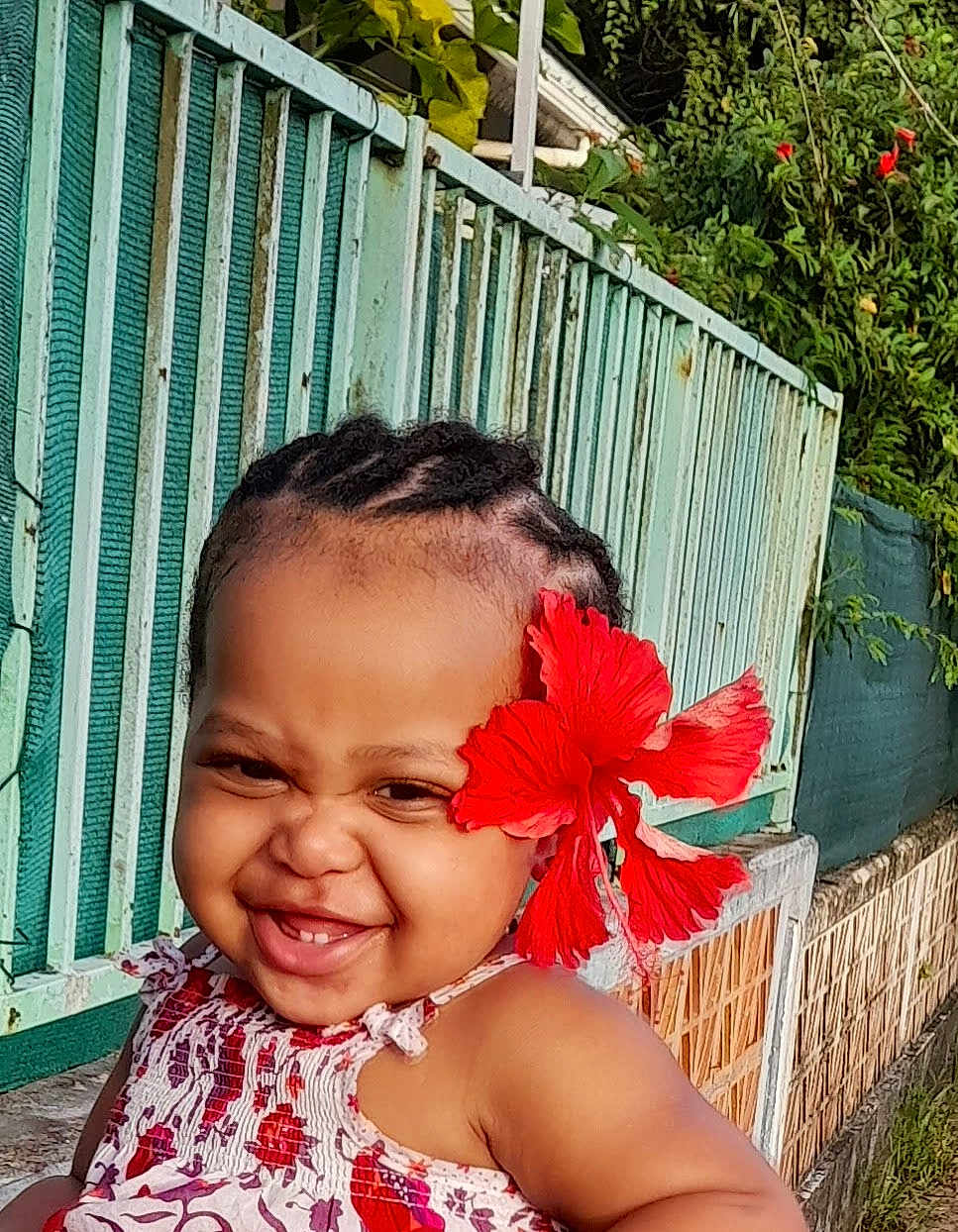 Yuhanna participe au concours pour gagner de l'argent avec cette photo : child, toddler, smile, laughing, hibiscus_flower, red_flower, braids, portrait, outdoor, garden, railing, wall, sleeveless_dress, patterned_clothing, happy, cheeks, teeth, sunlight, closeup, cute