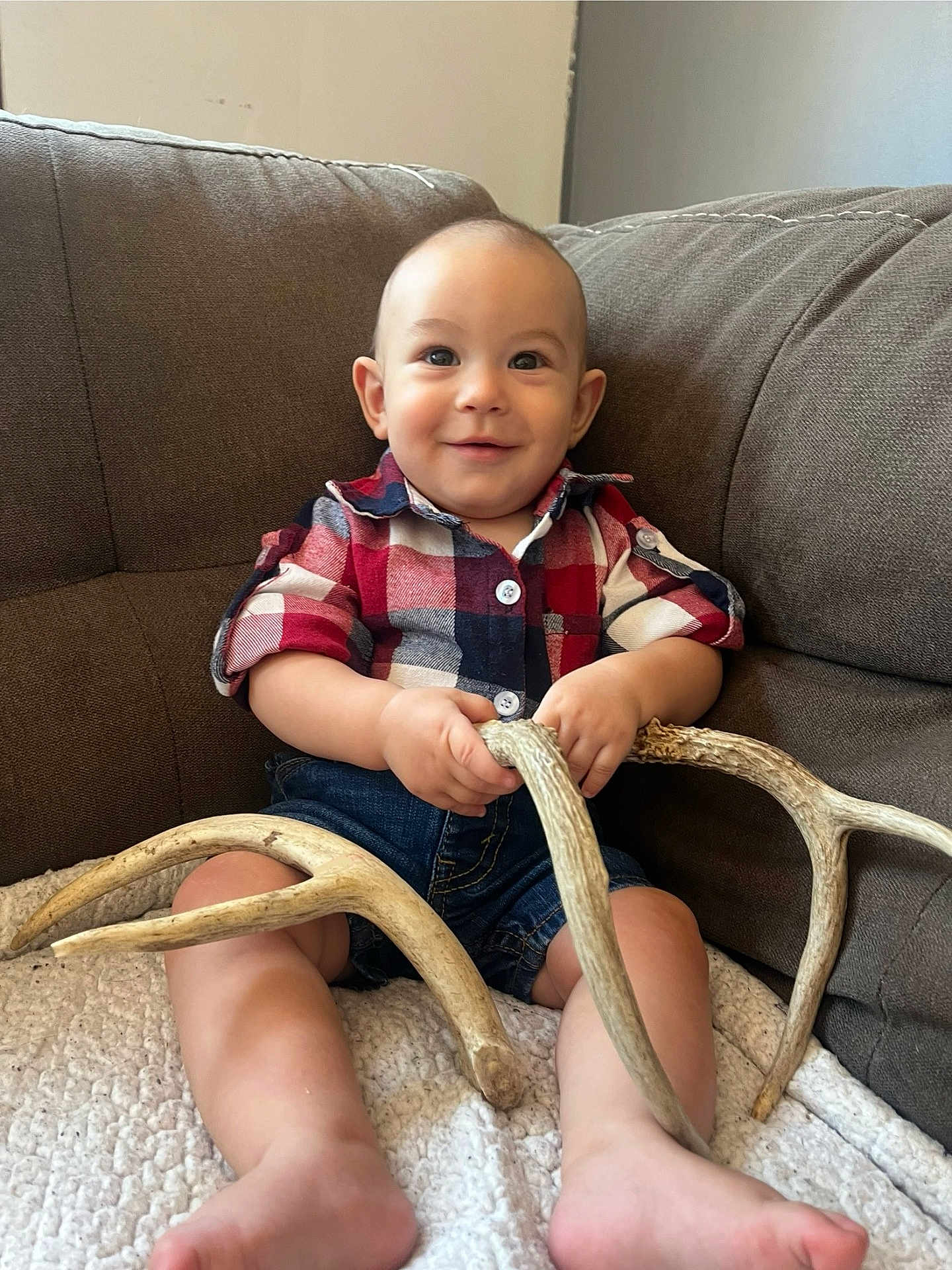 Abel is registered to the contest to win money with this photo: baby, child, plaid_shirt, denim_shorts, antlers, couch, blanket, smiling, happy, indoors, person, sitting, barefoot, furniture, cute, young, portrait, cozy, relaxed, curious