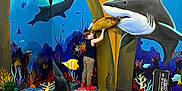 Greyson is registered to the contest to win money with this photo: child, boy, underwater, shark, orca, fish, coral, sea_life, 3d_art, illusion, colorful, playful, indoor, museum, interactive, painting, wall_art, floor_art, toy, red_shoes