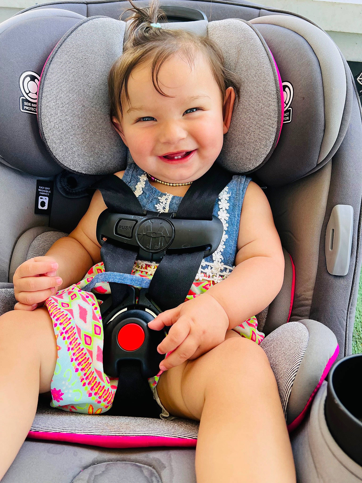 Luna Bella is registered to the contest to win money with this photo: auto_part, automotive_design, baby, baby_carriage, baby_toddler_clothing, car_seat, child, clothing, comfort, finger, happy, joy, person, photograph, product, skin, smile, summer, thigh, thumb