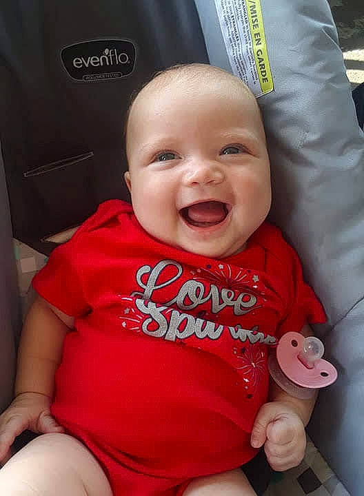 Amy joined the competition — help win amazing prizes! baby_products, cheek, child, cool, day, facial_expression, happiness, infant, laughter, lip, mouth, nose, person, pink, product, red, skin, smile, toddler