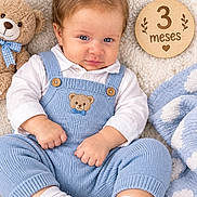 Jalmer joined the competition — help win amazing prizes! baby, infant, child, portrait, sitting, blue_overalls, white_shirt, teddy_bear, blanket, wooden_sign, milestone, three_months, blue_eyes, smiling, indoor, cozy, nursery, fashion, toy, photography