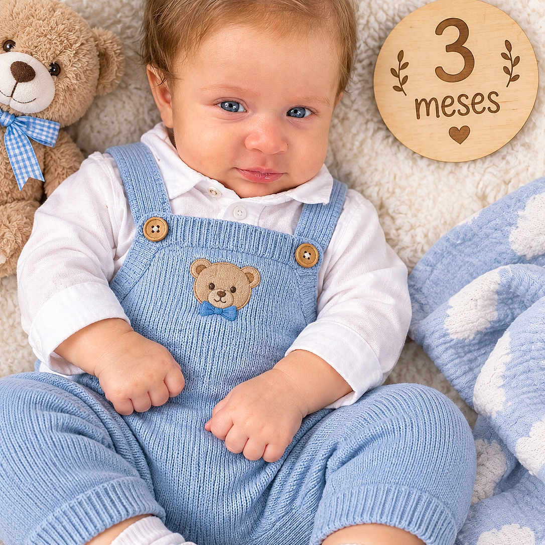 Jalmer joined the competition — help win amazing prizes! baby, infant, child, portrait, sitting, blue_overalls, white_shirt, teddy_bear, blanket, wooden_sign, milestone, three_months, blue_eyes, smiling, indoor, cozy, nursery, fashion, toy, photography