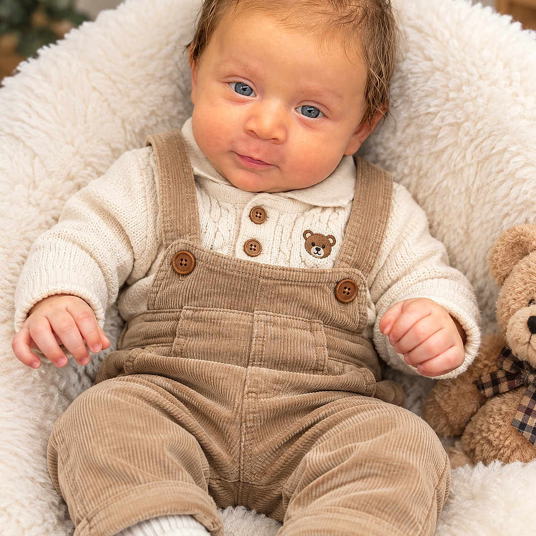 Jalmer joined the competition — help win amazing prizes! baby, infant, child, portrait, sitting, indoors, smiling, face, eyes, hair, corduroy, overalls, sweater, shoes, socks, teddy_bear, blanket, chair, nursery, cozy
