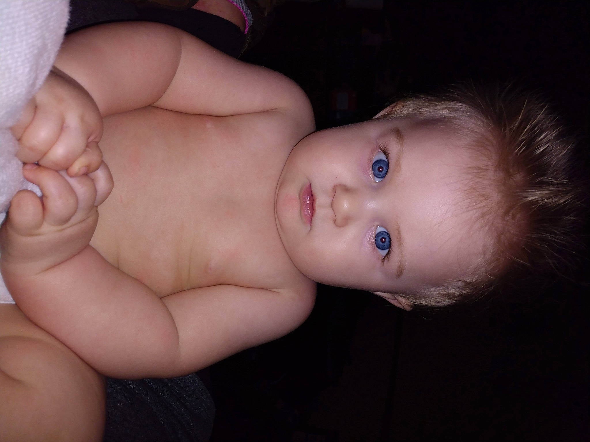 Allen is registered to the contest to win money with this photo: arm, baby, baby_toddler_clothing, cheek, chest, eye, eyelash, finger, flash_photography, gesture, human_body, lip, mouth, nail, neck, nose, person, skin, stomach, thumb