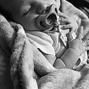 Kayson joined the competition — help win amazing prizes! baby, sleeping, pacifier, blanket, infant, hand, monochrome, soft_texture, cute, peaceful, portrait, young_child, resting, closeup, indoors, cozy, wrapped, newborn, face, child