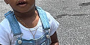 Zaymya joined the competition — help win amazing prizes! bracelet, casual_clothing, child, colorful_hair_ties, curly_hair, cute, daylight, denim_overalls, expression, holding, necklace, outdoor, pavement, person, pink_toy, playing, portrait, toddler, white_shirt, young_child