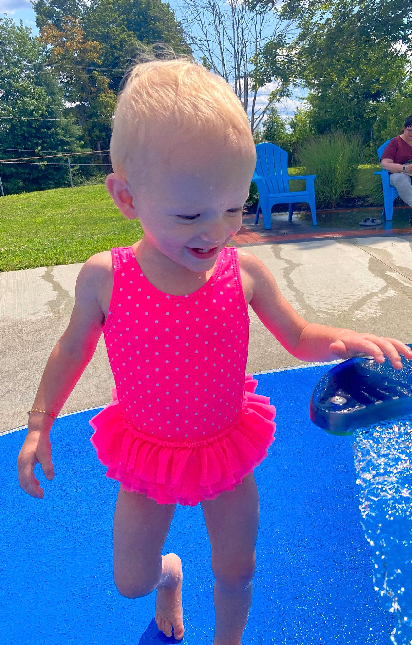 Amaya joined the competition — help win amazing prizes! baby, baby_toddler_clothing, blue, child, electric_blue, fun, grass, happy, leisure, magenta, pattern, person, pink, plant, play, recreation, smile, toddler, tree, waist