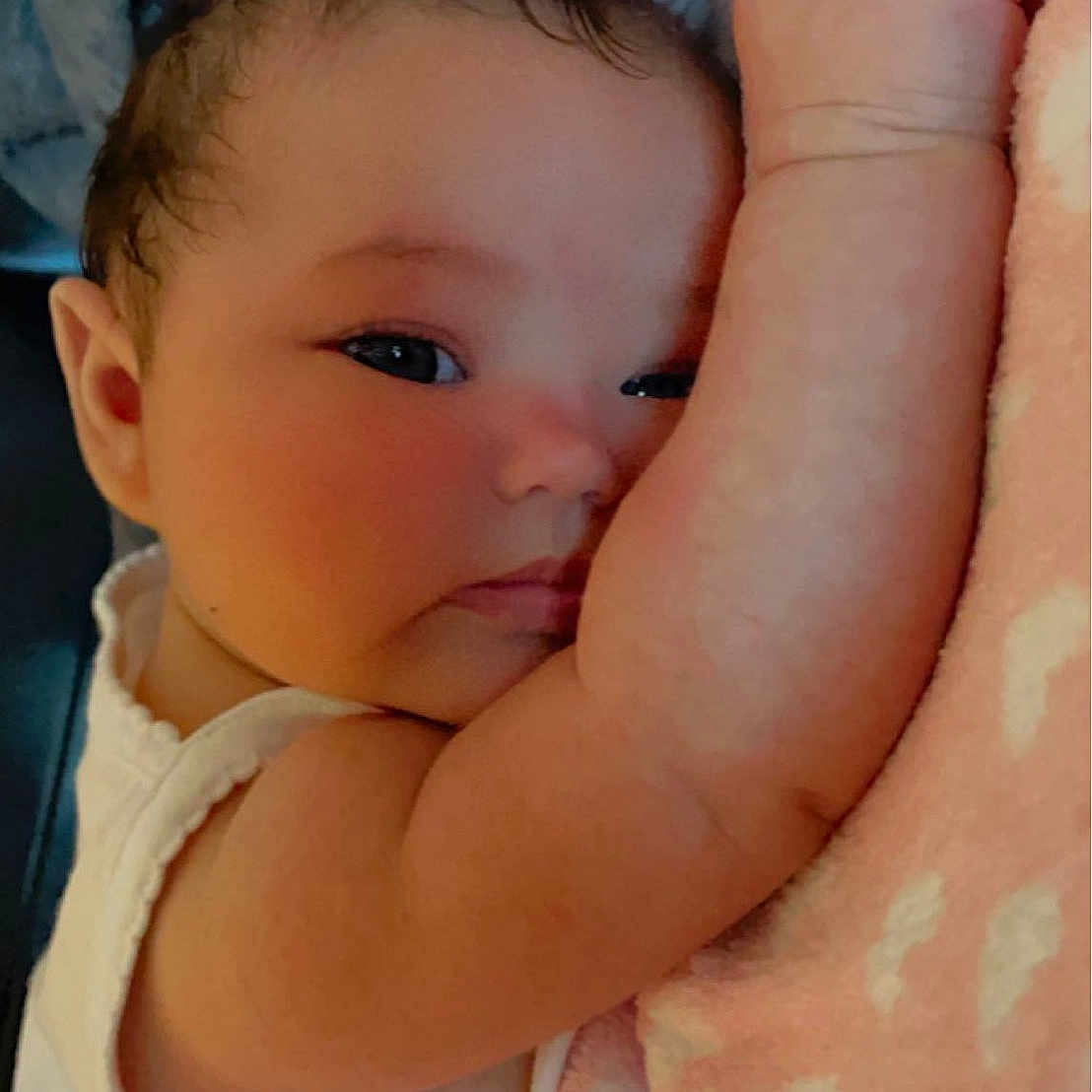 Kaelani joined the competition — help win amazing prizes! baby, baby_toddler_clothing, cheek, chin, comfort, finger, gesture, hand, happy, iris, lip, muscle, neck, nose, pink, skin, stomach, textile, thumb, toddler