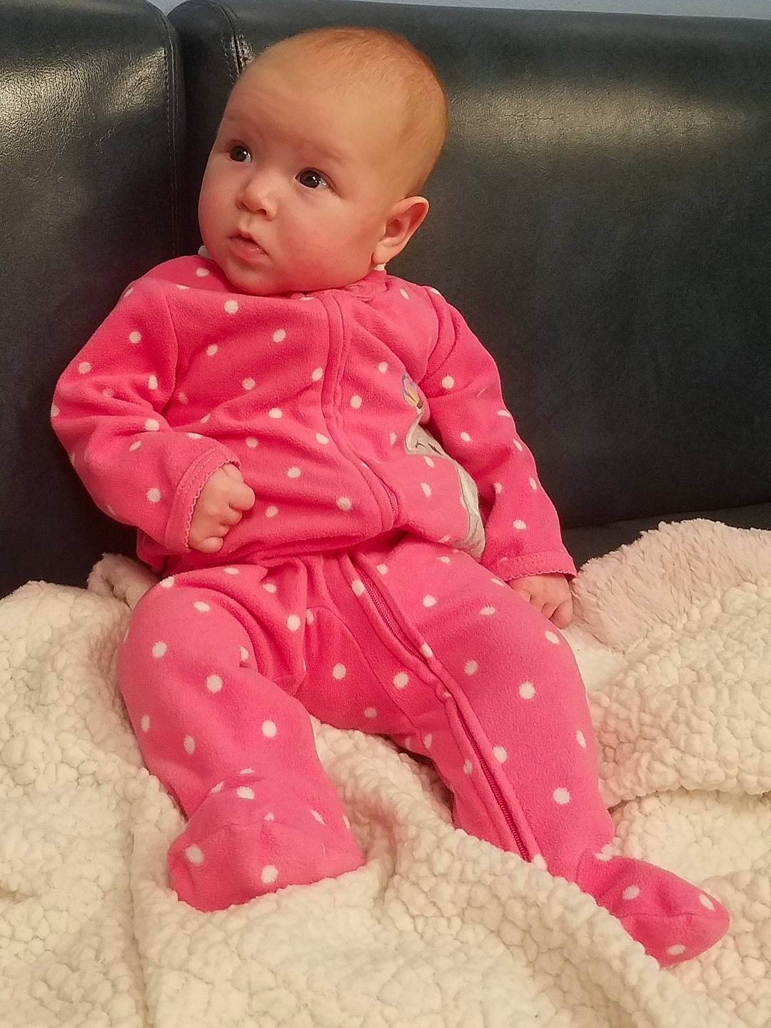 Cass joined the competition — help win amazing prizes! baby, baby_toddler_clothing, cheek, child, face, head, lip, outerwear, pajamas, person, pink, sitting, skin, sleeve, smile, toddler