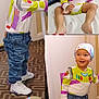 child, toddler, indoor, collage, buzz_lightyear, costume, cap, jeans, sneakers, carpet, playful, curious, smiling, standing, sitting, bed, furniture, clothing, person, portrait